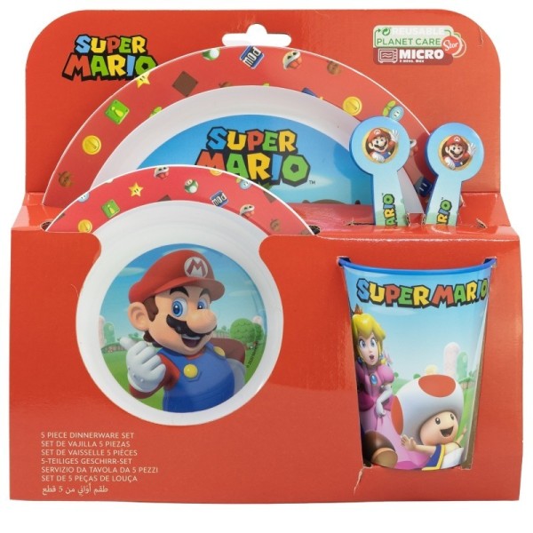 Super Mario Set Micro Kids 5 Pcs (Plato, Cuenco, Vaso 260 Ml Y Cubiertos)