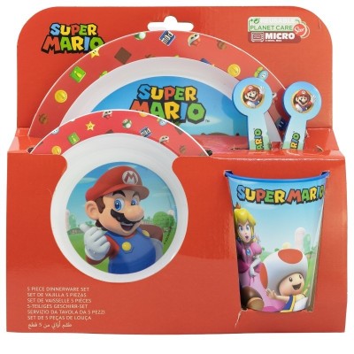 Super Mario Set Micro Kids 5 Pcs (Plato, Cuenco, Vaso 260 Ml Y Cubiertos)
