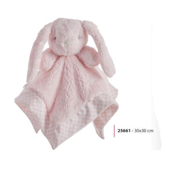 Peluche Conejo Rosa Rizo Con Doudou Lunares Doble Capa 30Cm