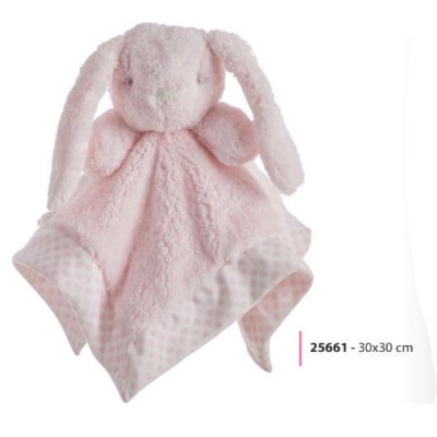Peluche Conejo Rosa Rizo Con Doudou Lunares Doble Capa 30Cm