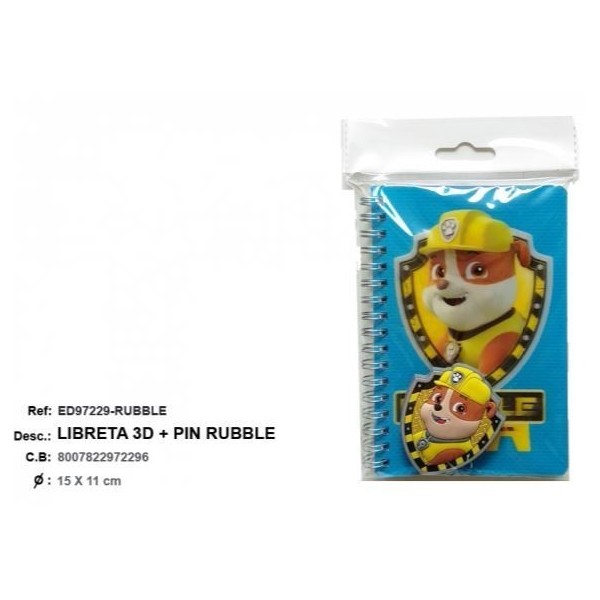 Libreta 3D + Pin Rubble -Paw Patrol 15 X 11Cm