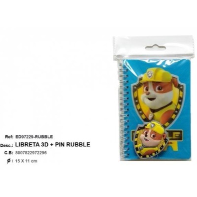 Libreta 3D + Pin Rubble -Paw Patrol 15 X 11Cm