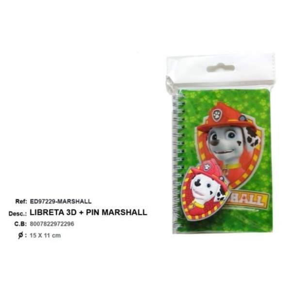 Libreta 3D + Pin Marshall - Paw Patrol 15 X 11Cm
