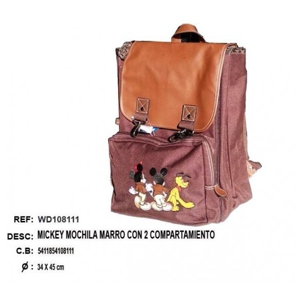 Mickey Mochila Marron Con 2 Compartamiento 35 X 45Cm