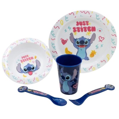 Stitch Set Micro 5 Pcs (Plato, Cuenco, Vaso 260 Ml Y Cubiertos)