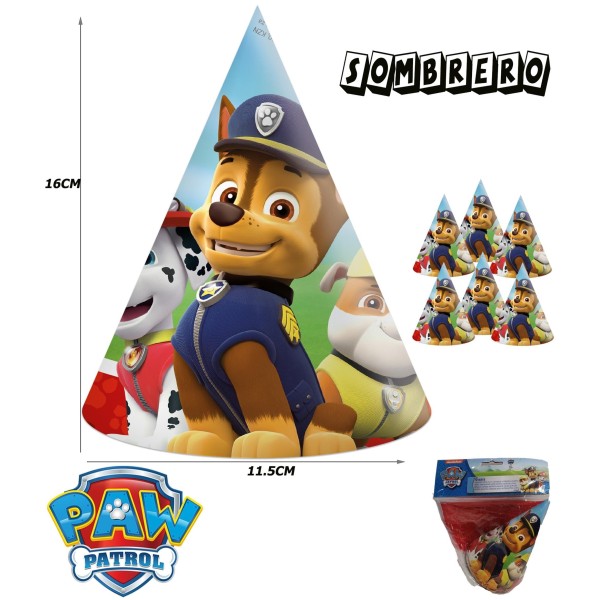 6 Gorros Cono 11X16 Cm.Paw Patrol