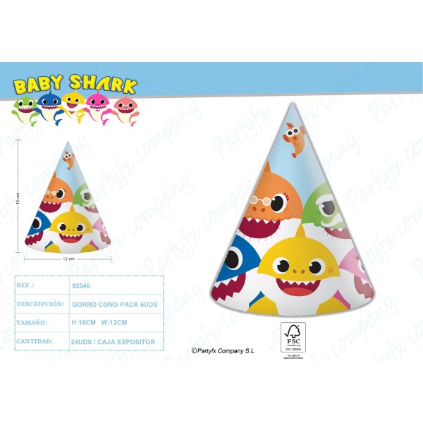 6 Gorros Cono 11X16 Cm.Baby Shark