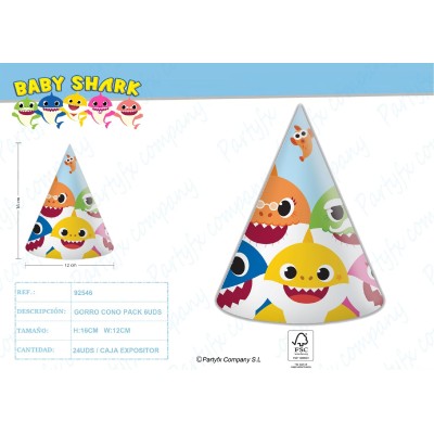 6 Gorros Cono 11X16 Cm.Baby Shark
